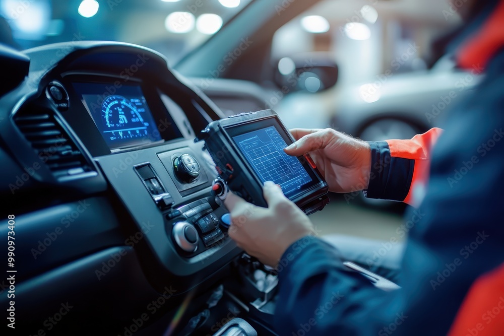 Aufkleber a technician uses a diagnostic tool inside a vehicle, checking system data on the display.