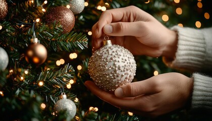 A detailed shot of hands decorating a Christmas tree with ornaments, fairy lights twinkling in the background