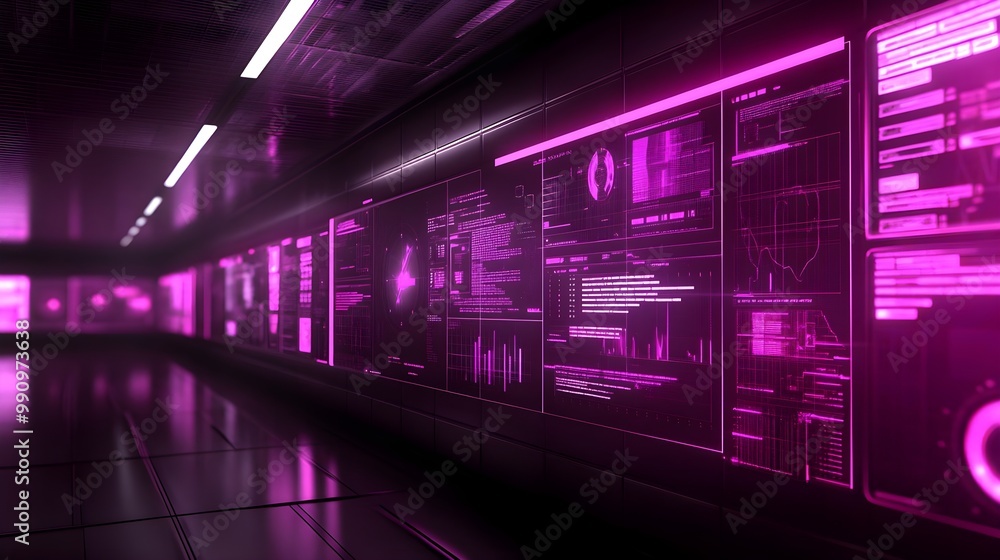 Aufkleber futuristic digital interface with pink light and data visualizations.