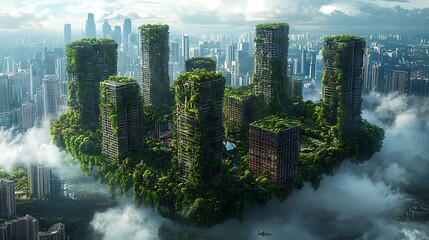 A green cityscape floats above the clouds, skyscrapers rising from urban nature.