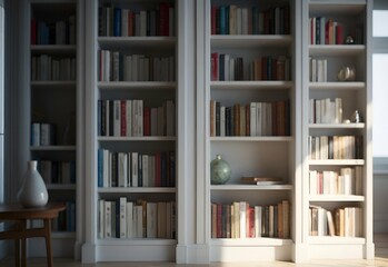White wooden bookcase filled with books in a home setting