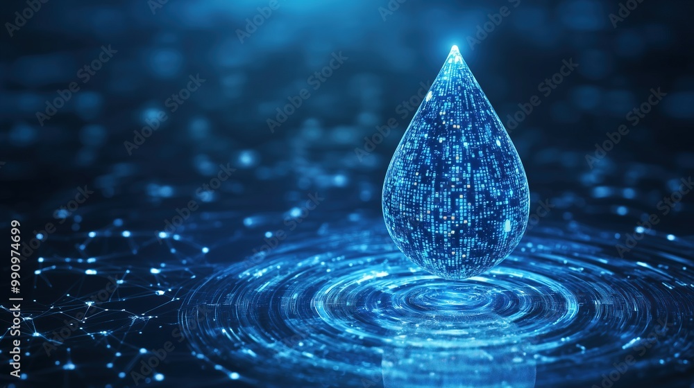 Poster digital blue water drop icon with binary code