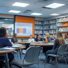 Educational program overview being discussed by educators in a meeting, collaborative environment, sharp focus, bright lighting.