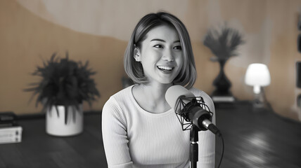 A beautiful young woman with headphones on, smiling and sitting in front of the mic for podcasting at home