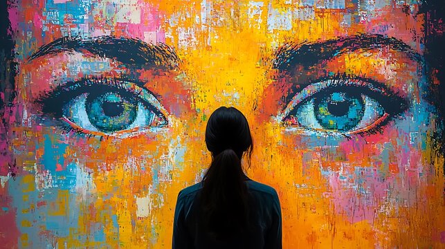 A woman views an abstract eye painting in an art gallery, captivated by its vibrant depth.