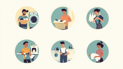 Fototapeta premium a set of illustrated avatars in circular frames showcasing diverse people doing laundry. One person wears casual clothes holding a laundry basket, another has short hair 