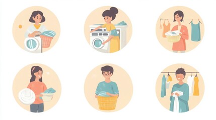 Fototapeta premium a set of illustrated avatars in circular frames showcasing diverse people doing laundry. One person wears casual clothes holding a laundry basket, another has short hair 