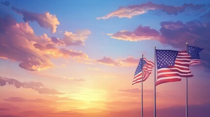 Happy Labor Day banner. Promotion banner for USA Labor Day with USA flags and cloudy sky at sunrise. Realistic vector illustration for decoration banners, posters, social media, advertising