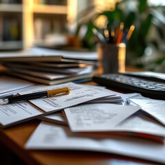 Fototapeta premium Exam preparation with flashcards and study guides on a desk, focused atmosphere, close-up, sharp focus, high detail.