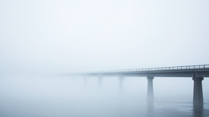 Fototapeta premium A foggy bridge extends across the water, creating a mysterious and serene atmosphere with muted colors and visibility challenges.
