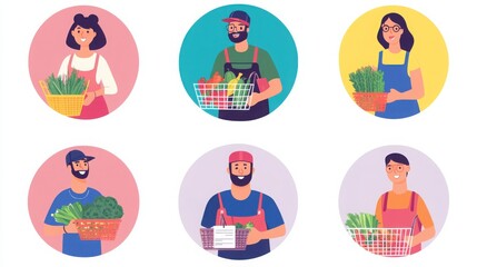 Fototapeta premium a set of illustrated avatars in circular frames showcasing diverse individuals grocery shopping. One person wears casual clothes holding a shopping basket
