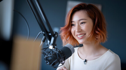 A beautiful young woman with headphones on, smiling and sitting in front of the mic for podcasting at home
