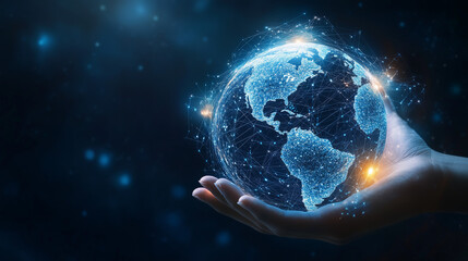 Hand holding globe with network connecting data. Implementation of digital technologies, cloud computing and artificial intelligence AI.