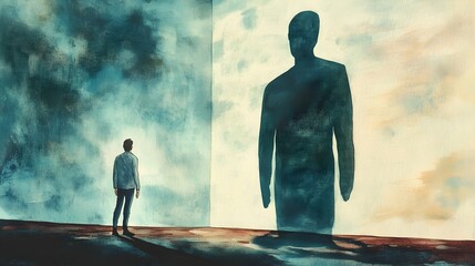 Watercolor Painting of a Leader Casting a Shadow of a Powerful Figure,Symbolizing Growth and