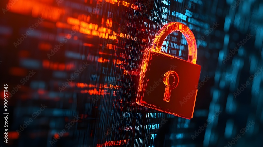 Poster glowing red padlock on digital background representing cybersecurity and data protection.