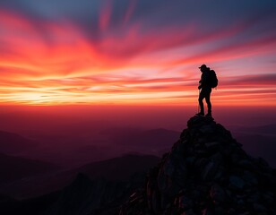 Obraz premium A lone hiker stands on the edge of a mountain peak, silhouetted against the fiery orange and pink hues of a sunset sky.