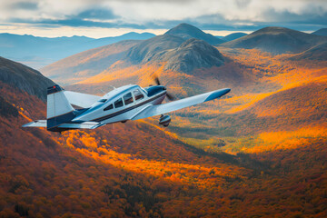 Fototapeta premium A small, single-engine plane flying over a rugged mountain range, with autumn colors in full display