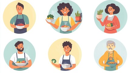 Fototapeta premium a set of illustrated avatars in circular frames showcasing diverse individuals cooking dinner. One person wears an apron holding a pot