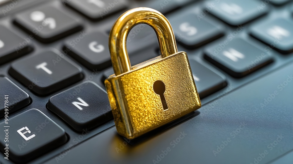 Poster golden padlock on a keyboard, symbolizing security and data protection.