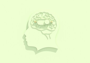 Toggle switch button to turn on brain activity. Active mental, intellectual and thinking. Silhouette of head. Artificial intelligence and machine learning concept. 3D render