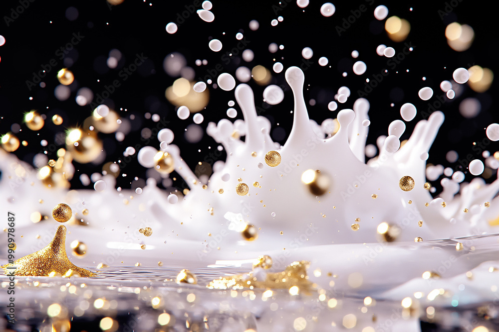 Poster a dynamic display of white liquid splashing upward with golden droplets dispersing throughout. this 