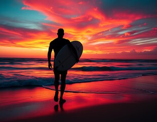A surfer is silhouetted against a vibrant sunset as they walk toward the ocean, carrying their surfboard under one arm.