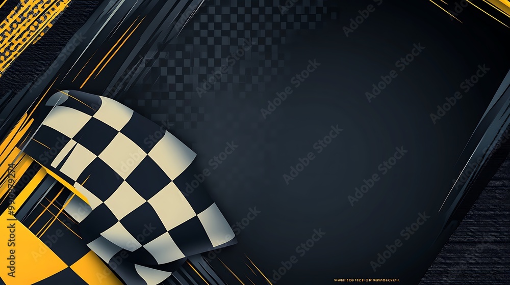 Poster checkered flag on a dark background with yellow accents.