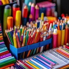 School supplies neatly arranged on a desk, organized style, close-up, sharp focus, vibrant colors, bright lighting.
