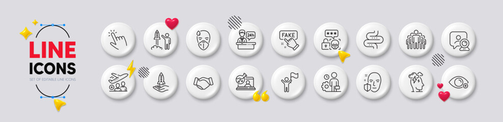 Crowdfunding, Face protection and Reception desk line icons. White buttons 3d icons. Pack of Passenger, Video conference, Fake information icon. Vector