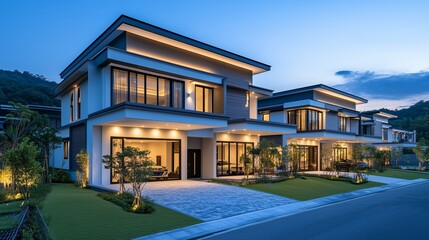 Modern and elegant two-story terrace house, with lights on the windows at night