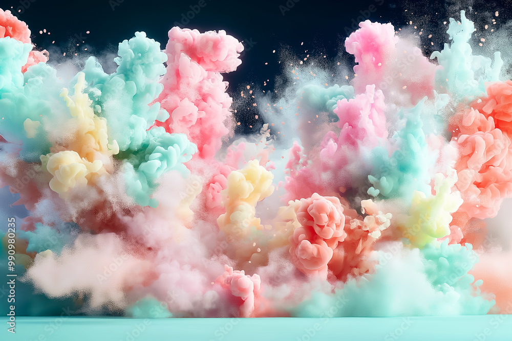 Poster a mesmerizing display of colorful smoke clouds in soft pastel shades fills the background, creating 