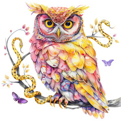 Whimsical Owl with Watercolor Feathers in Pink, Yellow, and Orange Tones Perched on a Branch with Golden Snakes and Purple Moths