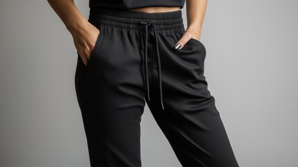 Woman in black jogger pants with hands in pockets against a gray background, highlighting the comfort and sleek design.