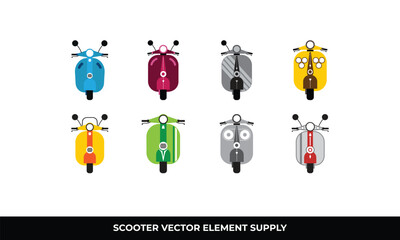 Seven colorful scooters, different designs, white background.