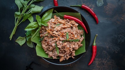 Spicy shredded chicken with basil and chili peppers on banana leaf, on a dark background.