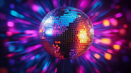 Obraz premium A colorful disco ball with vibrant lights and a dark background.
