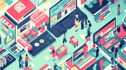 Illustration of a busy online store website with Cyber Monday banners, sale items, and shopping carts