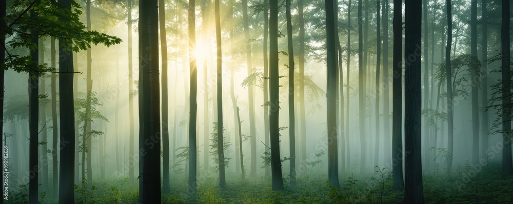 Poster a serene forest scene with sunlight filtering through misty trees, creating a tranquil and ethereal 