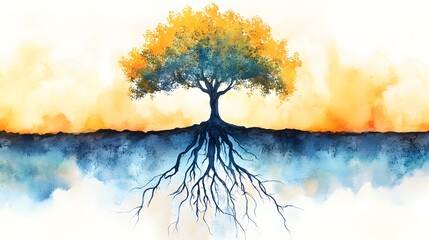 Watercolor Tree with Strong Roots and High-Reaching Branches,Symbolizing Visionary Growth and