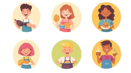 Fototapeta premium a set of illustrated avatars in circular frames showcasing diverse individuals preparing breakfast. One person wears an apron holding a frying pan