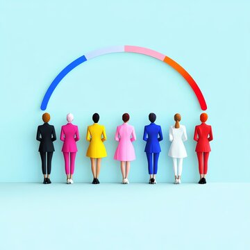Achieving gender parity in corporate policies, with balanced light circles representing equal input in policy-making.