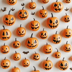A pattern of jack-o'-lanterns and bats decorates a white background, bringing Halloween to life.