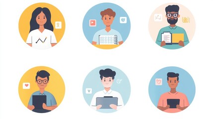 Fototapeta premium a set of illustrated avatars in circular frames showcasing diverse social media marketers. One marketer wears business casual holding a graph, another has short wavy hair