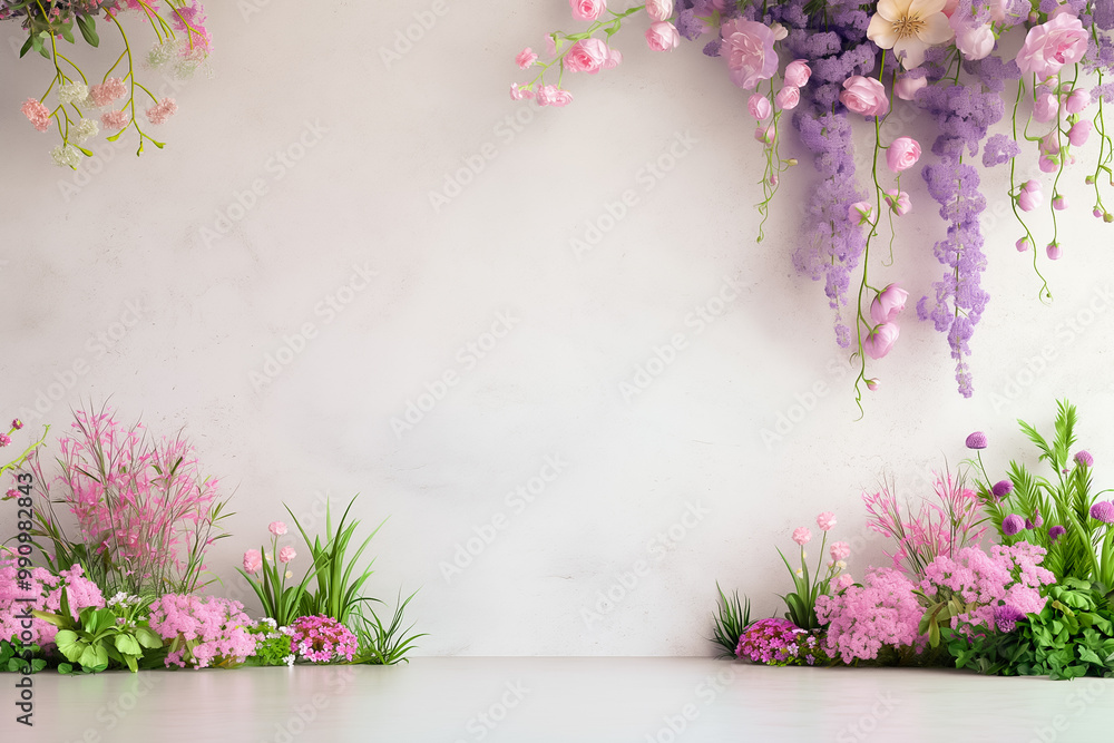 Poster a vibrant display of pink and purple flowers hangs from the ceiling and lines the floor, creating a 