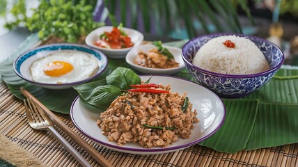 A plate of stir-fried pork with basil, chili peppers, and a fried egg, served with a side of rice and a small dish of pickled vegetables.