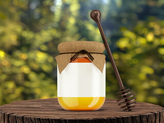 Honey jar with dipper on rustic wooden table