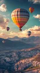 Hot air balloons drifting across a clear, blue sky picture