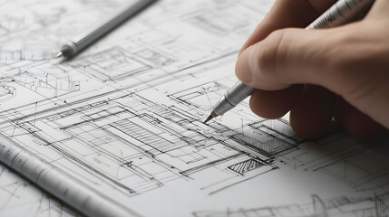 Hand sketching architectural plans with precision and detail.