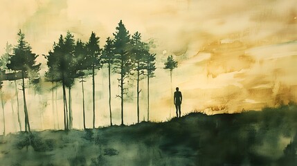 Visionary Planting:Watercolor of a Figure Sowing Seeds Amidst Tall Trees,Symbolizing Growth and