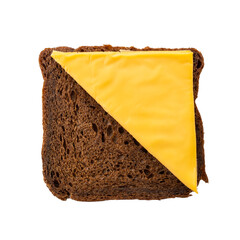 A slice of bread with a piece of cheese on top. The cheese is yellow and the bread is brown